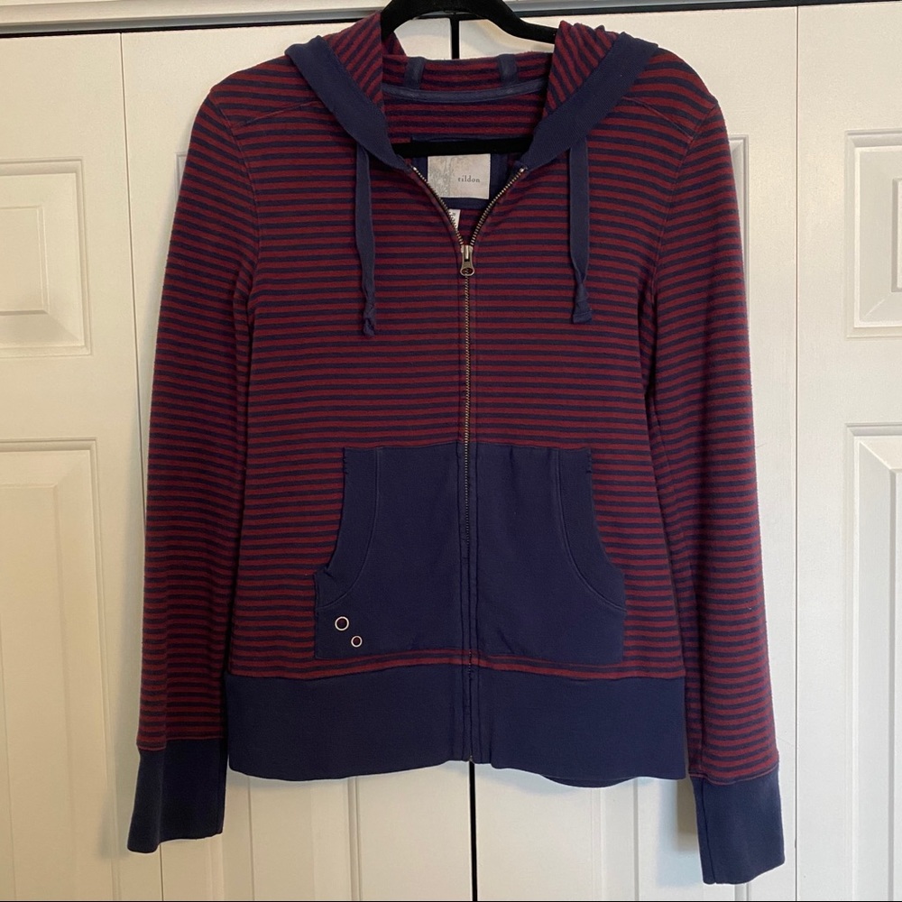 Tildon navy blue & maroon striped zip-up jacket;XL